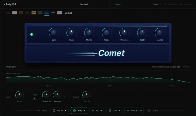 The Amp page with Comet selected on the shelf: a navy amp with blue knobs and a slanted ice-white badge with streaks behind it.