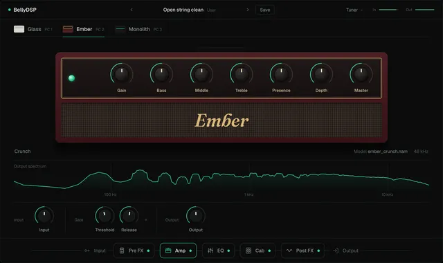 The Amp page with the Ember head selected: a red amp with a gold script badge and seven knobs.