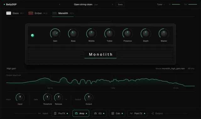 The Amp page with the Monolith head selected: a black amp with a grille and an emerald-lit badge.