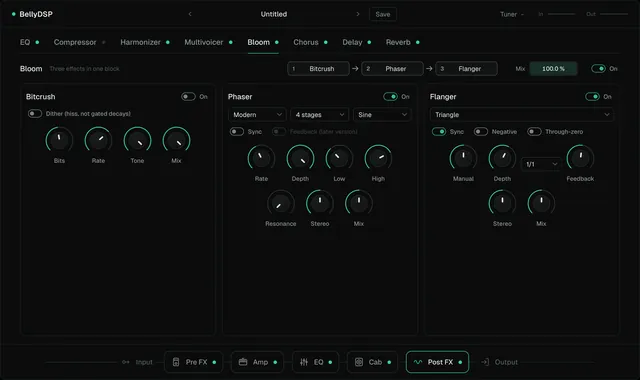 The Bloom tab: bitcrush, phaser, and flanger panels side by side, with their order shown at the top.