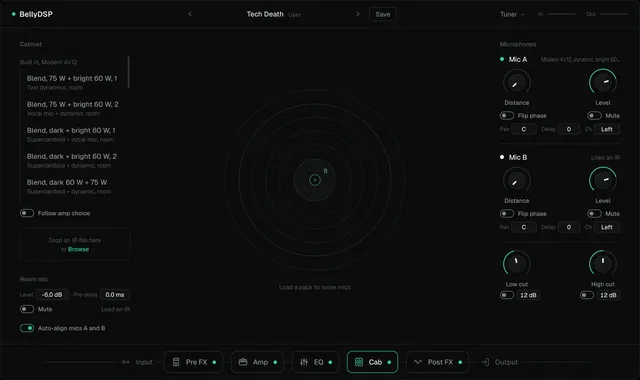 The Cab page: the built-in cab list on the left, a speaker with mic markers in the middle, and the controls for mics A and B on the right.