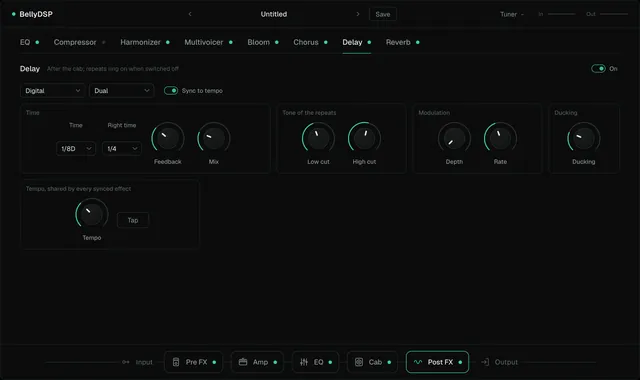 The Delay tab: digital dual mode synced to tempo, with time, feedback, mix, tone, modulation, and ducking controls, and a tap tempo button.