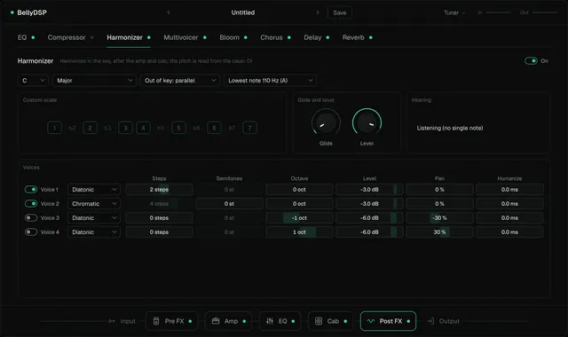 The Harmonizer tab: key and scale menus, a custom scale row, glide and level knobs, and four voice rows with steps, octave, level, and pan.