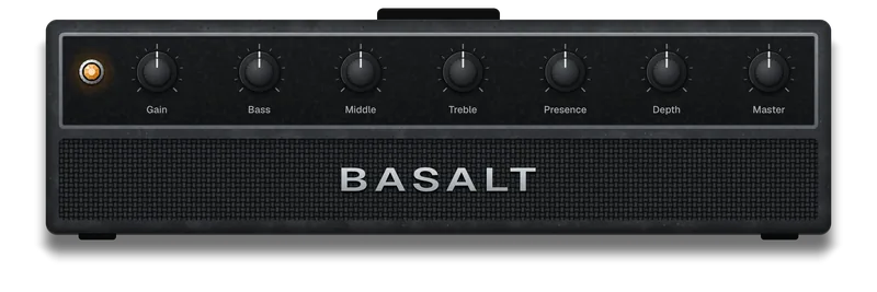 Basalt: a dark stone amp head with a near-black panel in a grey frame and BASALT in wide silver capitals on a coarse woven grille.