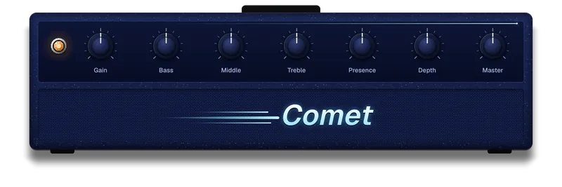 Comet: a navy amp head with blue knobs, a thin light line across its panel, and Comet slanted in ice white with streaks trailing behind it.