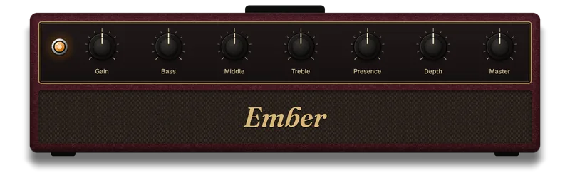Ember: an oxblood amp head with a gold-framed black panel of seven black knobs, its pilot lamp lit, and Ember in gold script on a woven grille.