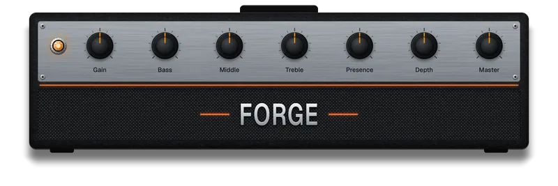 Forge: a black amp head with a brushed steel panel of black knobs with orange pointers, an orange line under it, and FORGE in steel capitals between two orange rules.