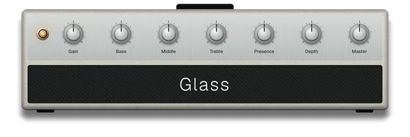 Glass as BellyDSP draws it: a silver amp head with seven chrome knobs, Gain, Bass, Middle, Treble, Presence, Depth and Master, and its pilot lamp lit, over a black grille lettered Glass.