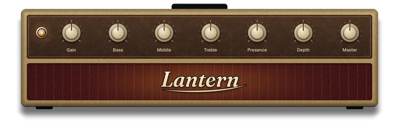 Lantern: a tweed amp head with a brown panel of cream knobs and Lantern in cream script on a striped oxblood grille.