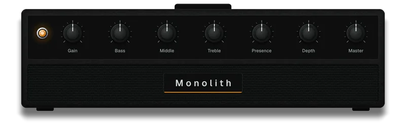 Monolith: a black amp head with seven black knobs and a black grille, its name spaced out on a plate with an orange bar under it.