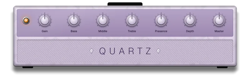 Quartz: a pale lilac amp head with a deeper lilac panel of white knobs and QUARTZ in spaced violet capitals between two small gems.