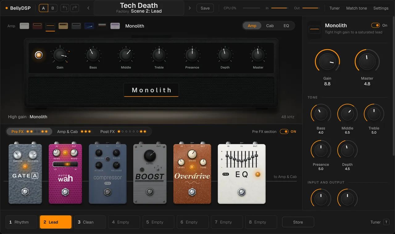 The BellyDSP main screen: the preset and scene in the top bar, the Monolith head lit on the stage with the shelf of eight minis above it, the board under it with its Pre FX tab open, six pedals, and the LEDs of all three tabs, the amp's knobs in the inspector at the right, and the eight scenes along the bottom.