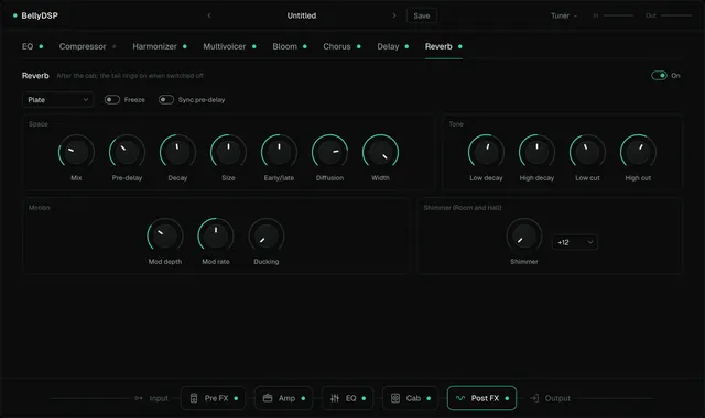 The Reverb tab: plate mode with freeze and pre-delay sync switches, and knobs for space, tone, motion, and shimmer.