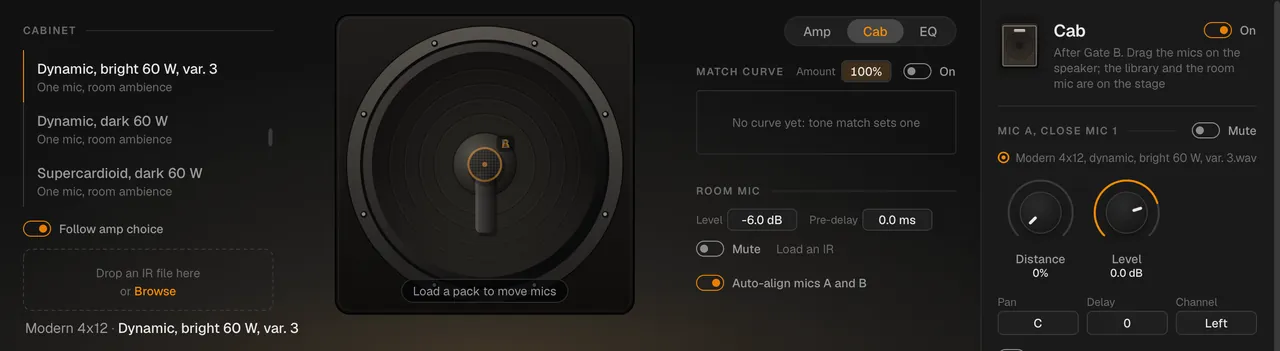 The stage showing the cab (on a phone, scroll it sideways): the cabinet library, the speaker in its baffle with a close mic on it, the match curve and room mic settings, and the cab's inspector with mic A's distance, level, pan, delay and channel.