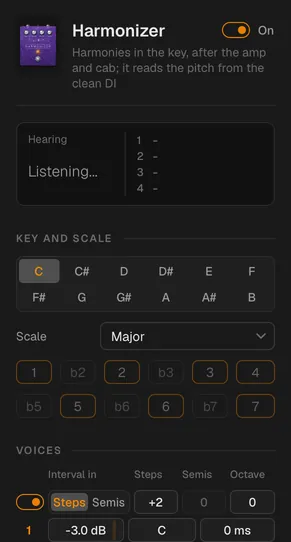 The harmonizer's inspector: its switch, what it's hearing, the twelve keys with C chosen, the degrees of the Major scale, and the first of its four voices, two steps up.