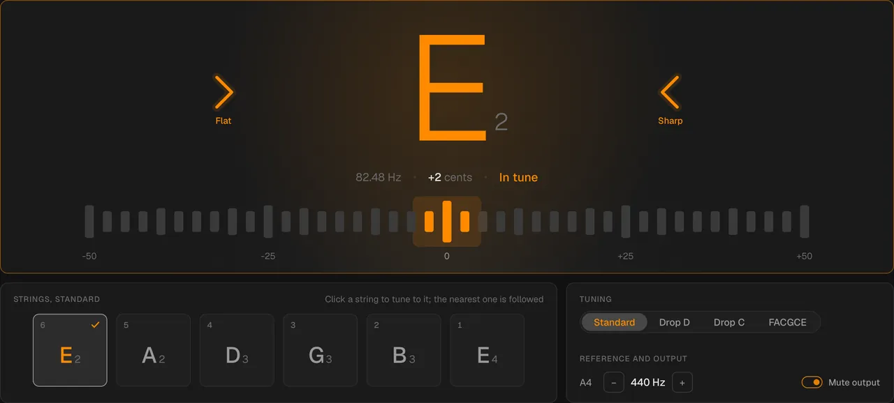 The tuner reading E2 in tune, plus 2 cents at 82.48 Hz, with its scale of 41 segments, the six strings of standard tuning with the low E ticked, and the tunings.