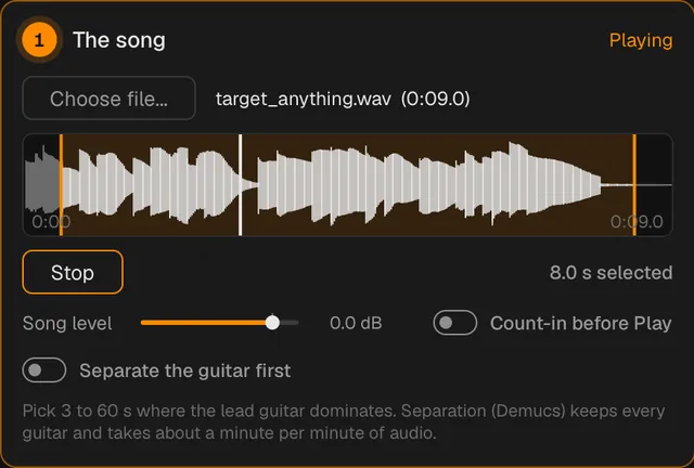 Step 1 of the Match tone page, The song, playing: a song's waveform with an 8-second section selected, Stop, the song level, Count-in before Play, and Separate the guitar first.