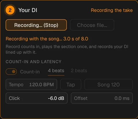 Step 2, Your DI, recording the take: Recording with the song, 3.0 s of 8.0, with the count-in, tempo, click and offset settings.