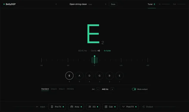 The tuner page reading E2 at 82.41 Hz, plus 0 cents, in tune, with the six strings of standard tuning below.